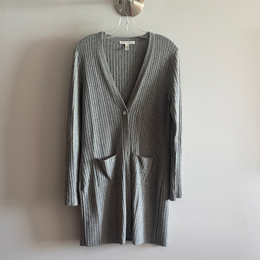 Ribbed Long Gray V-Neck Cardigan 100% Cashmere